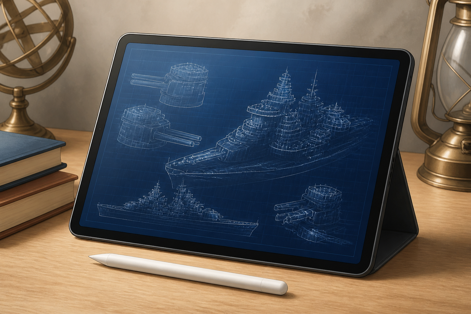 各種艦娘の図鑑データを閲覧するためのタブレット端末とペン