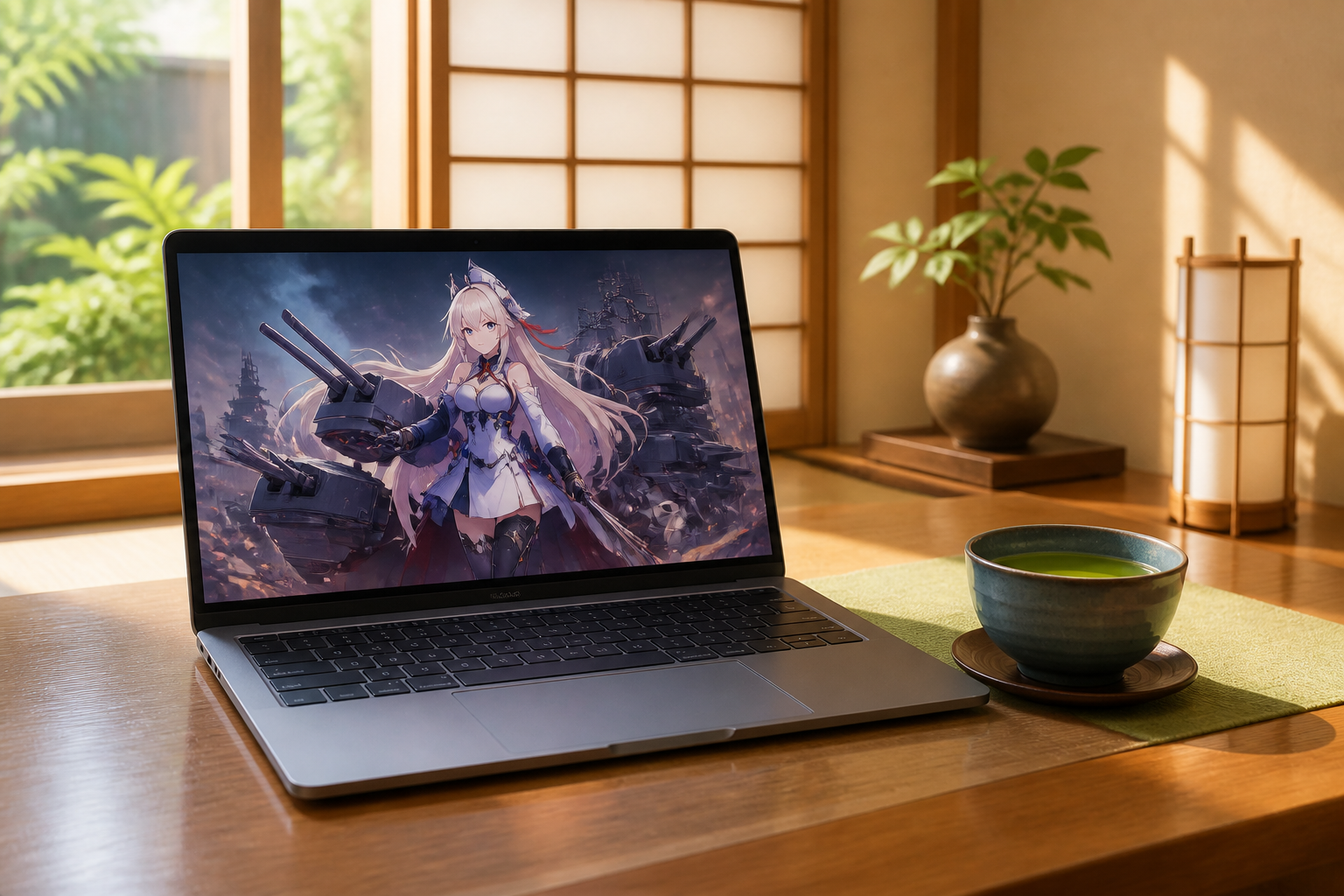 艦隊これくしょんのゲーム画面を映すノートパソコンと、お茶が置かれた和やかな室内