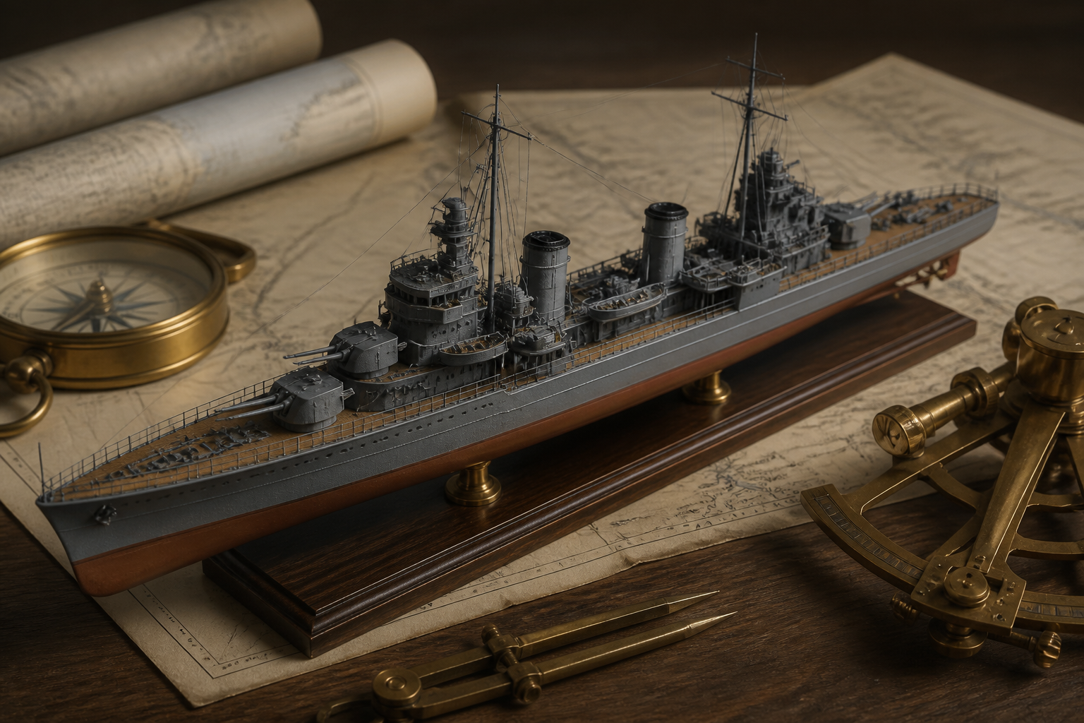 艦船の精密模型と、それに添えられた羅針盤や計測工具
