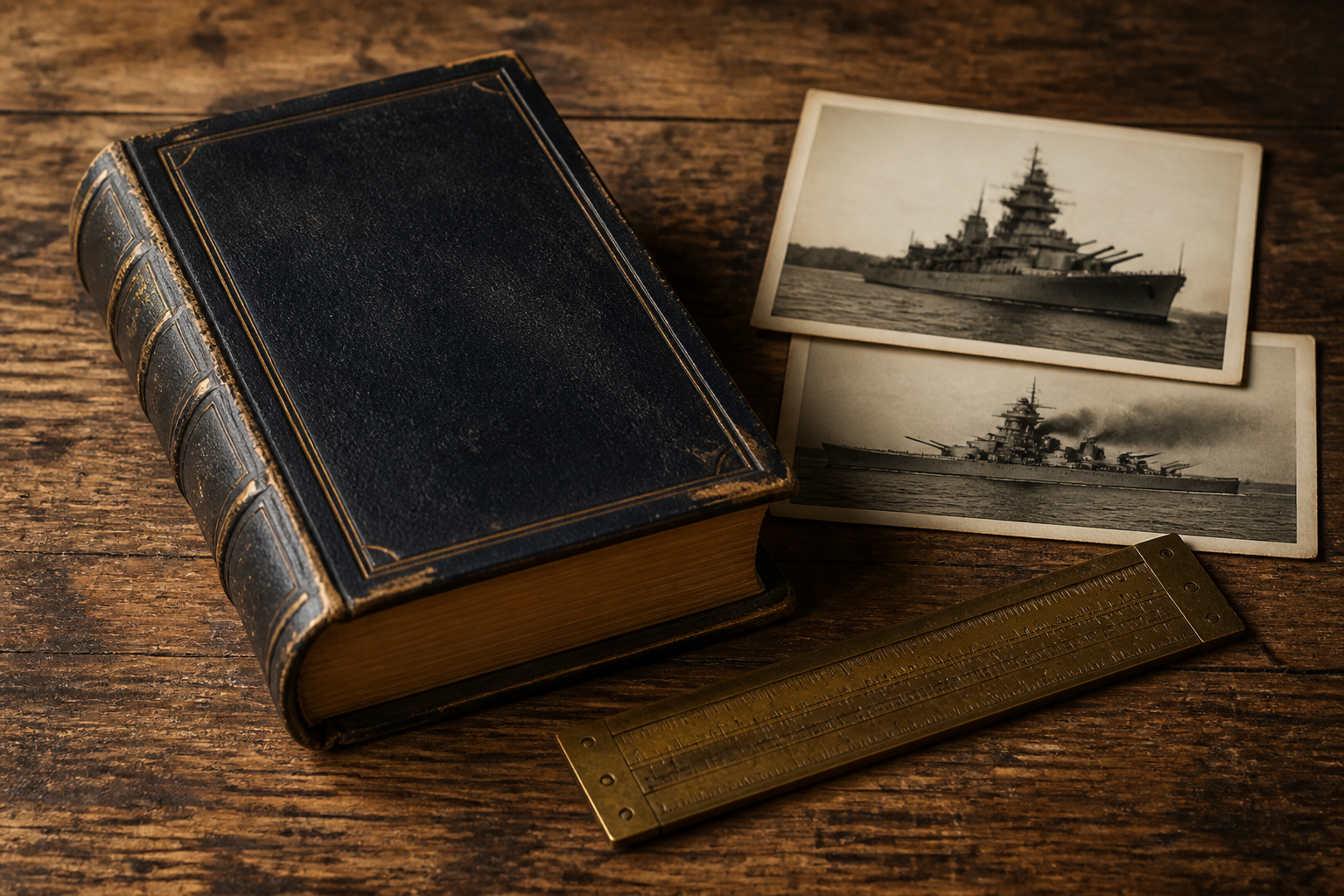 古い木製の机の上に置かれた重厚な洋書、アンティークな定規、軍艦の写真が並ぶ静物