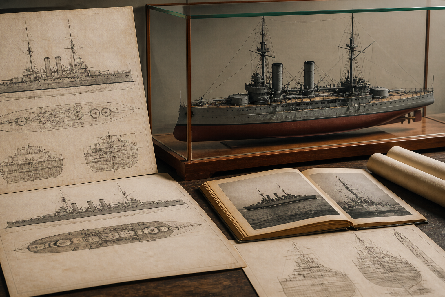 古い軍艦の歴史資料や構造が描かれた図面と展示用模型の静物