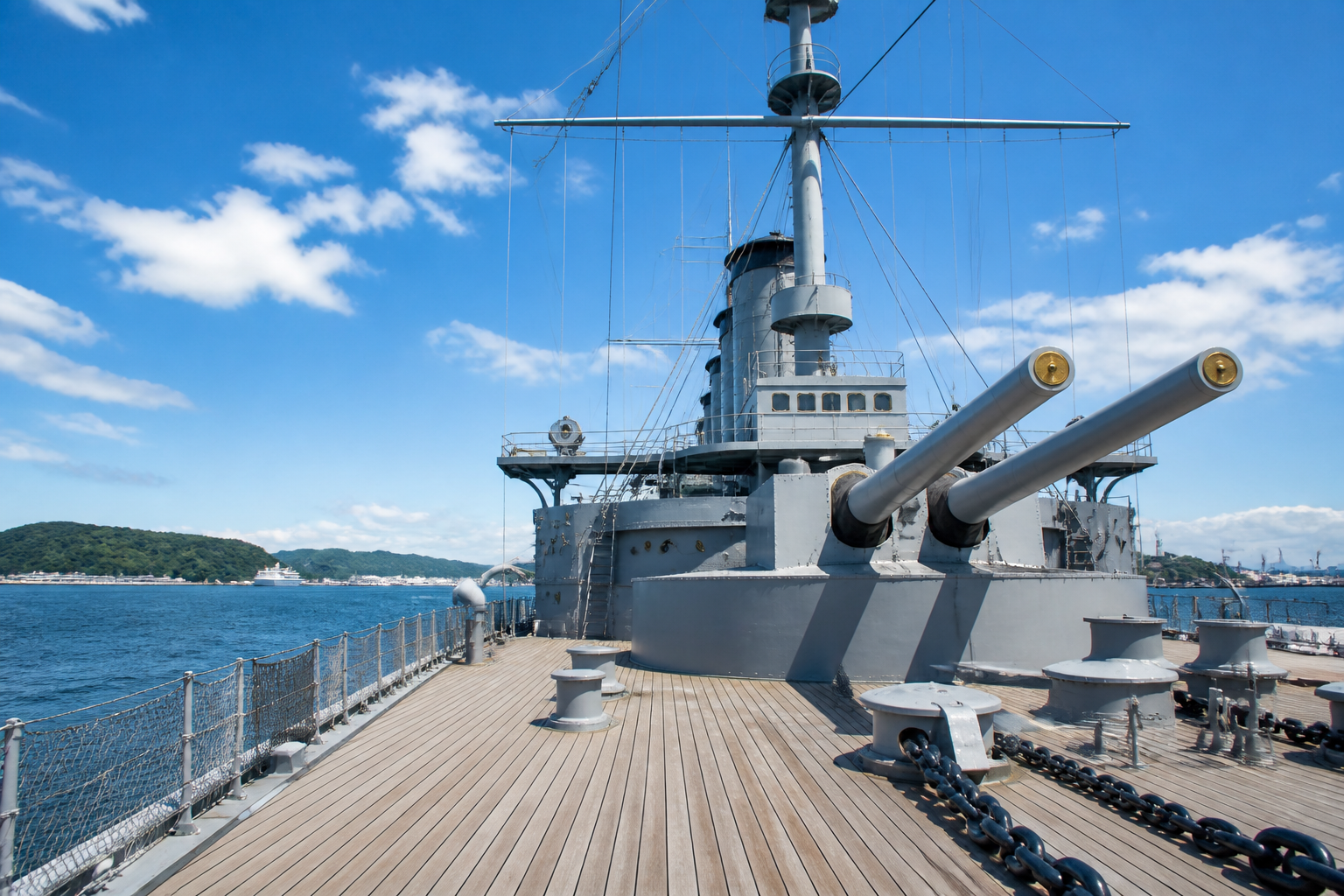 海を背景に佇む戦艦三笠の甲板と青い空の静物カット