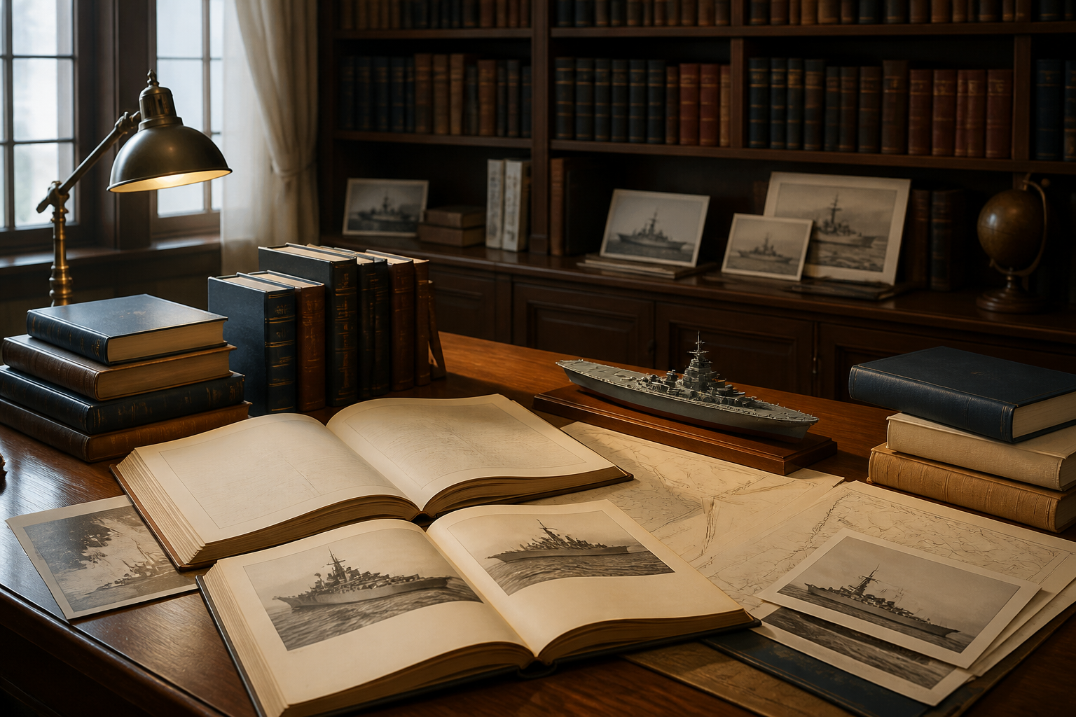 静かな図書室で、歴史書や海軍史の資料が並べられたデスク