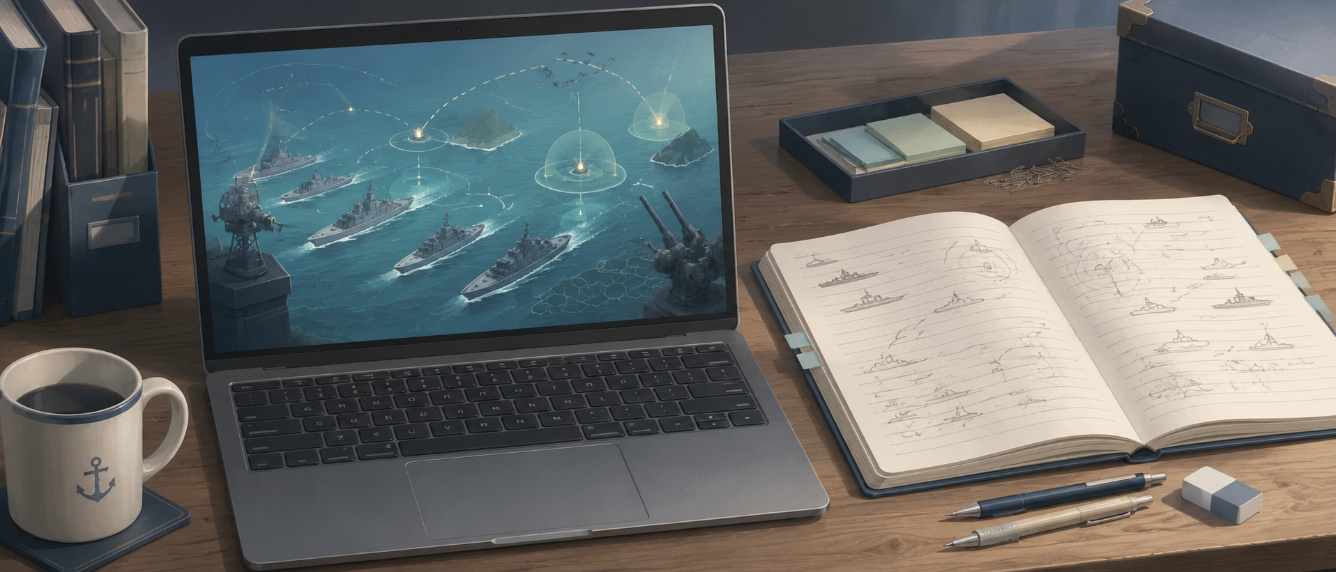 艦隊これくしょんのゲーム画面が映し出されたパソコンと攻略ノートが置かれたデスク