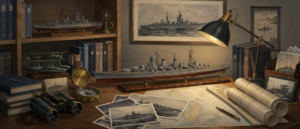 艦船の歴史資料や各種モデルが整然と並ぶ書斎デスク周りの静物