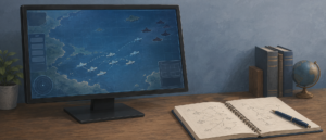 艦隊これくしょんのゲーム画面が映し出されたパソコンモニターとノート