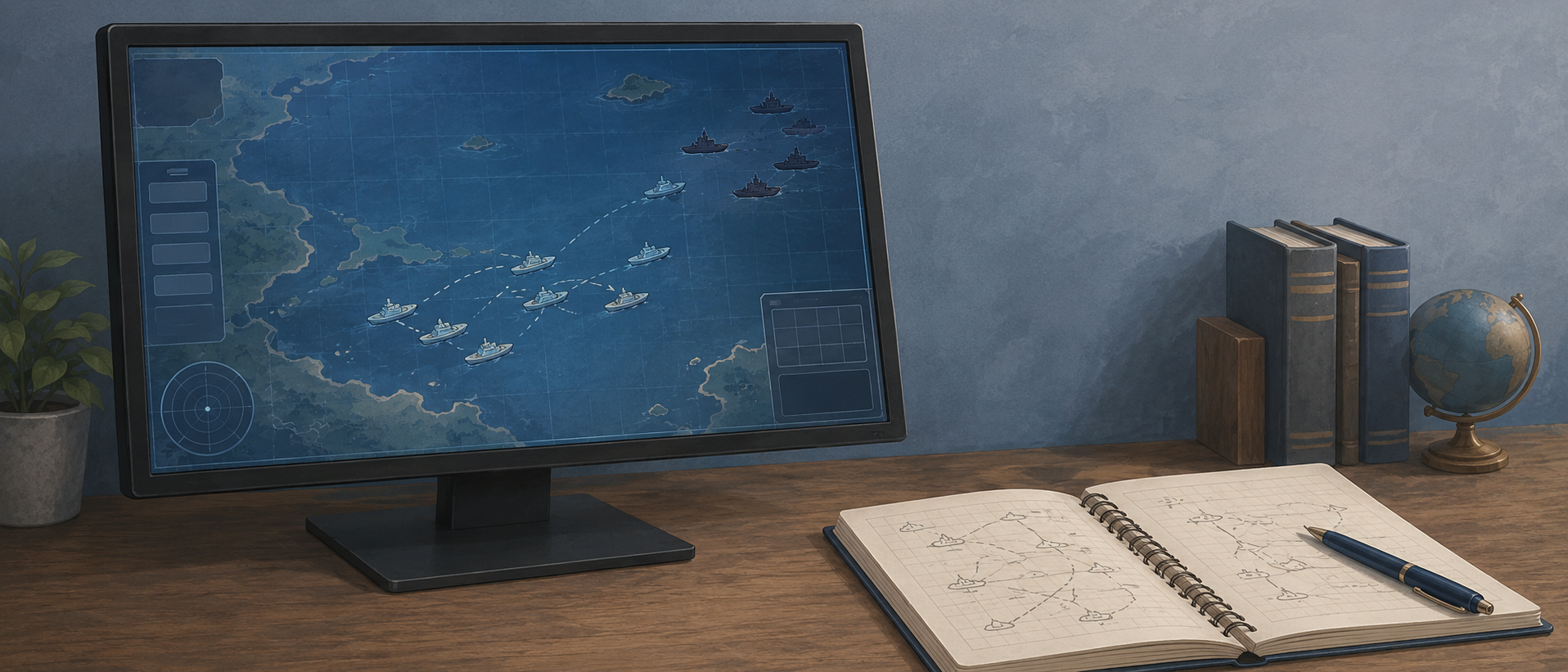 艦隊これくしょんのゲーム画面が映し出されたパソコンモニターとノート
