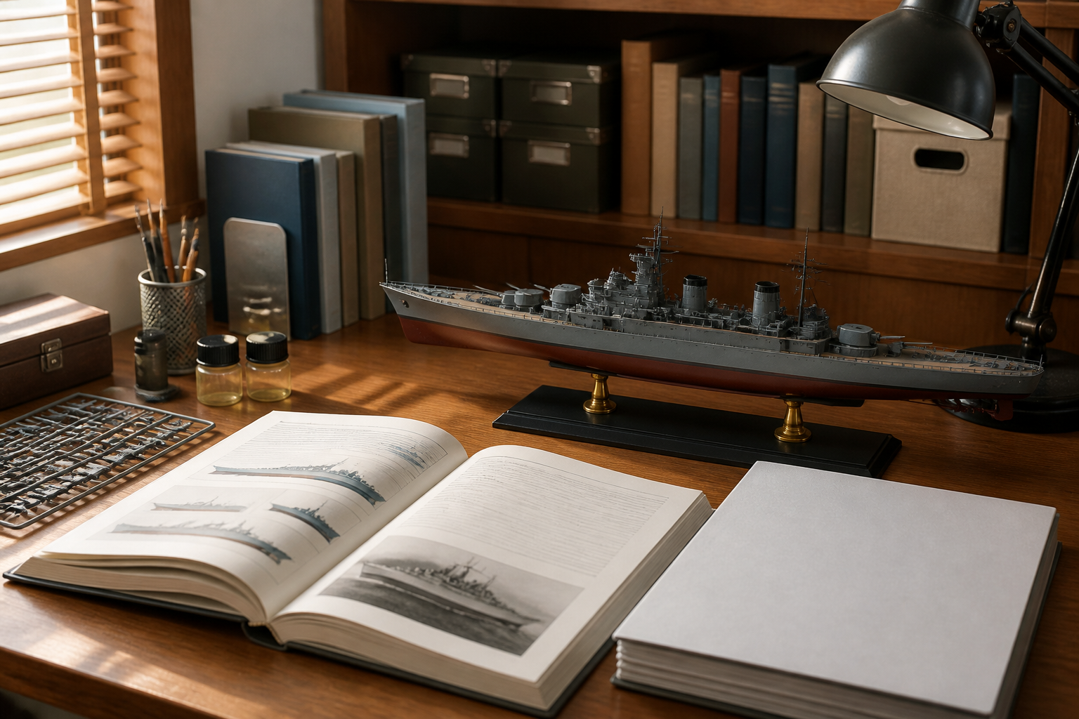 軍艦のプラモデルと資料集が置かれた書斎のデスク