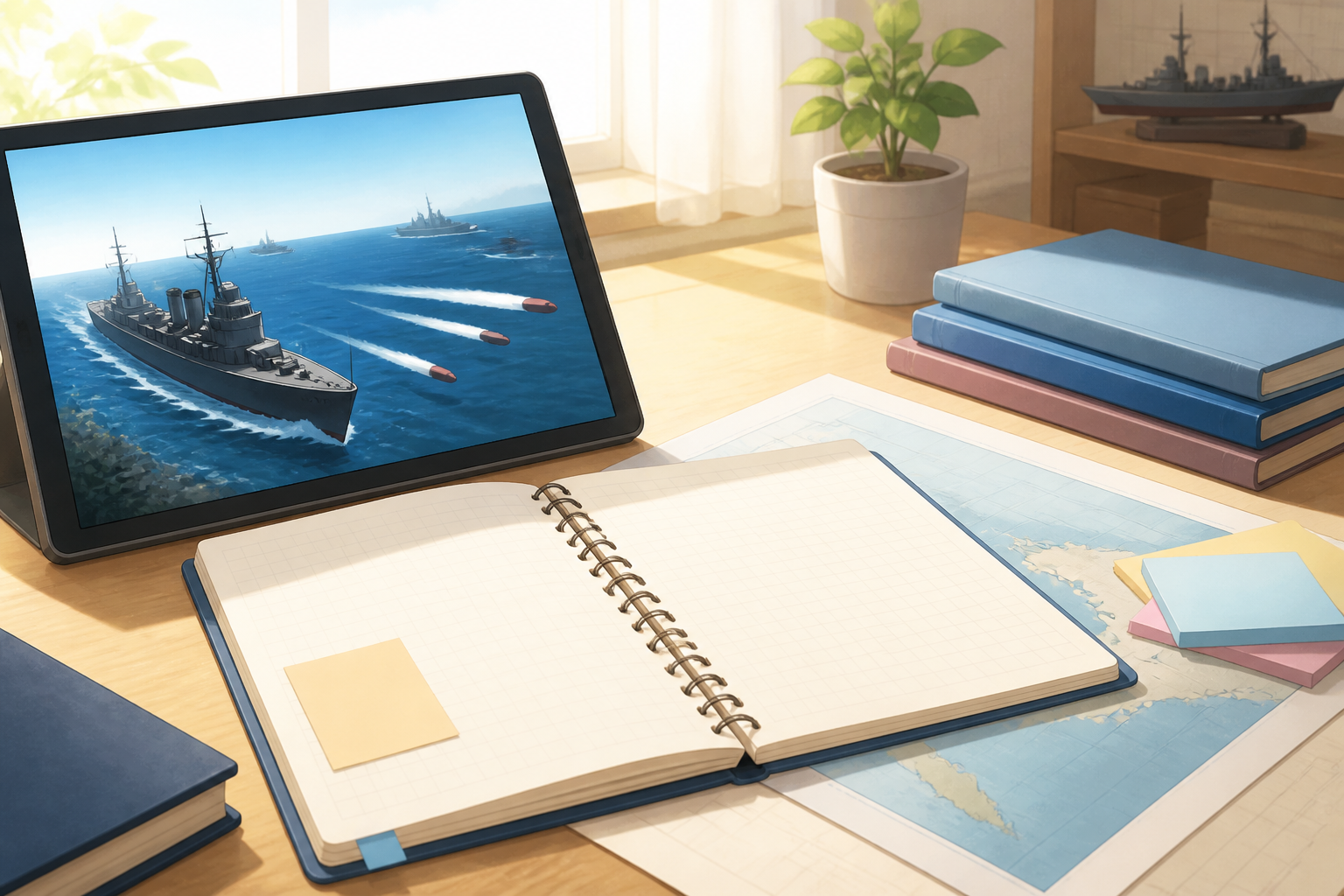 艦隊これくしょんのゲーム画面と戦略ノートが広げられた明るい部屋のデスク