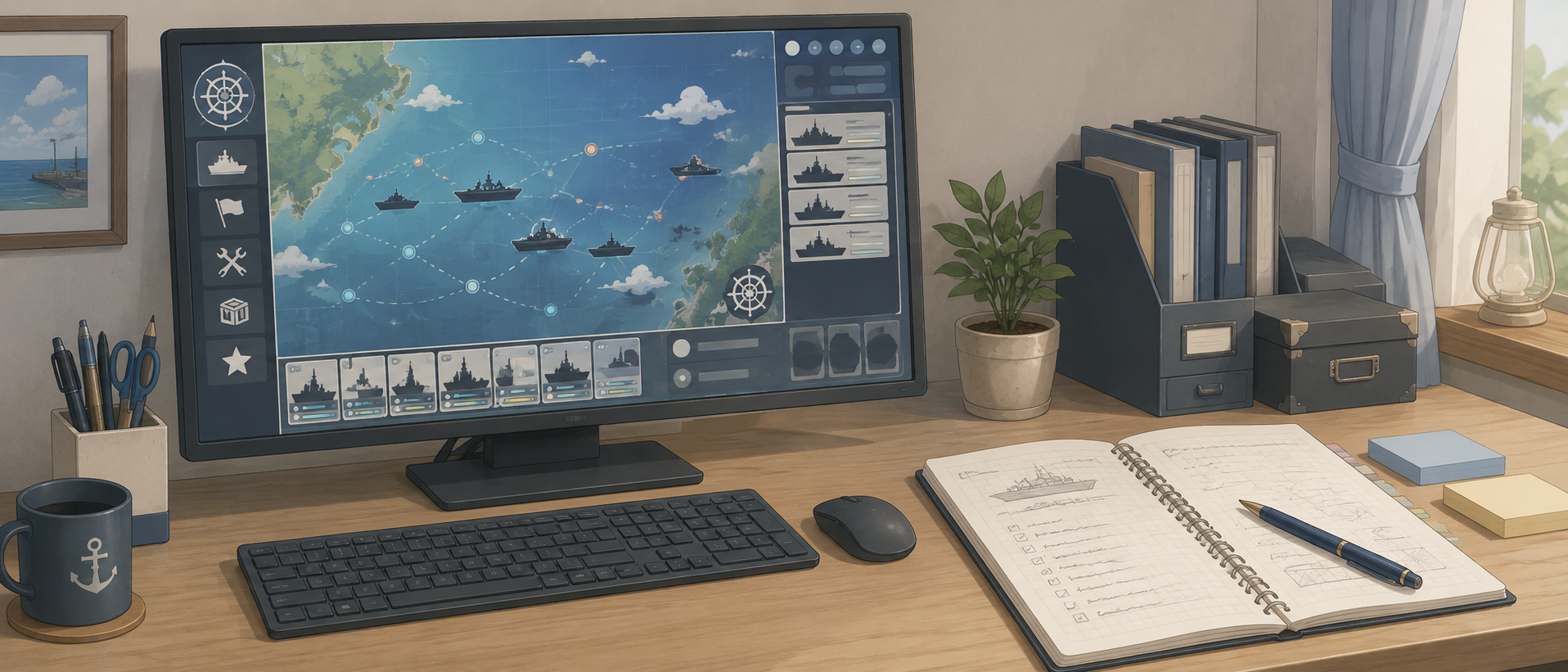 艦隊これくしょんのゲーム画面が映るPCモニターとメモ帳が置かれたデスク