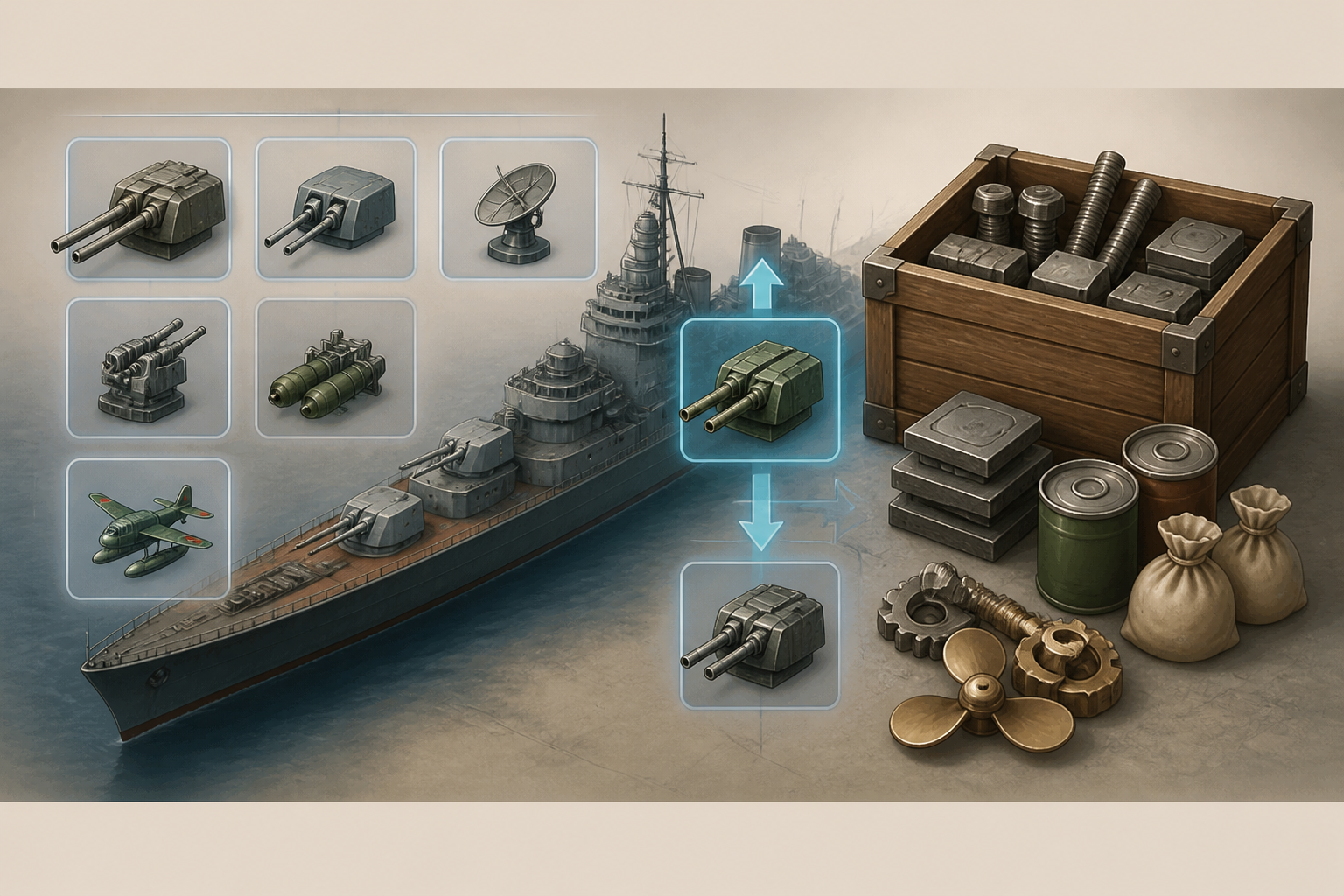 艦隊の装備換装画面と改修資材・アイテムのアイコン