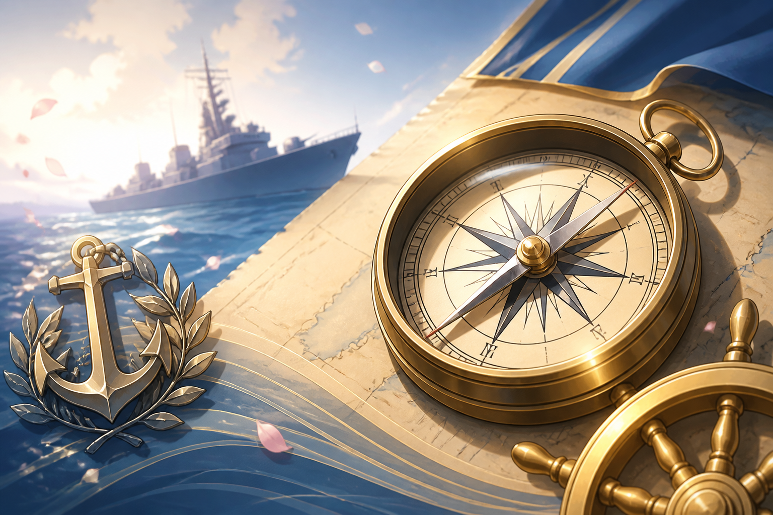 艦これの公式ロゴイメージと作戦成功をイメージさせる羅針盤の静物イラスト