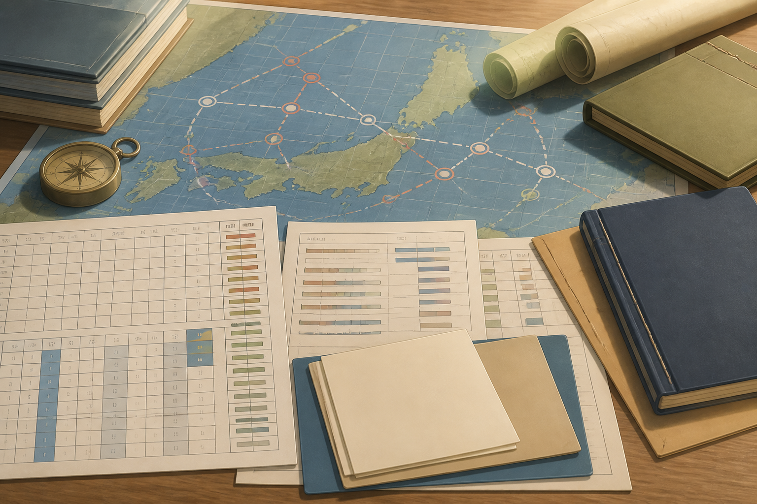 艦隊育成の計画を立てるためにまとめられた海域マップと各種データ一覧の資料