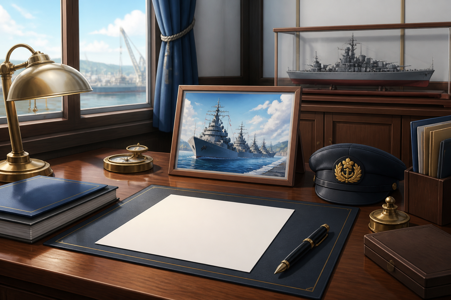 鎮守府の執務室で穏やかに整えられたデスク周りと、艦娘たちの記念写真風イラスト