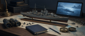 重巡洋艦の模型や海戦ゲームをイメージさせる机上の静物構図