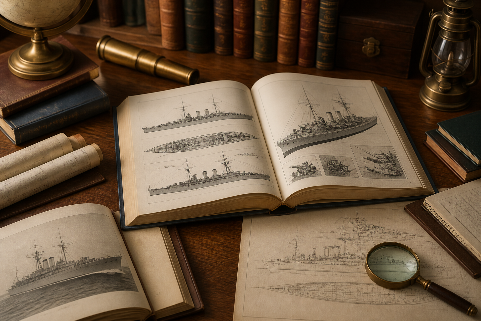 歴史的な艦艇資料や図鑑が広げられた木製デスクの静物
