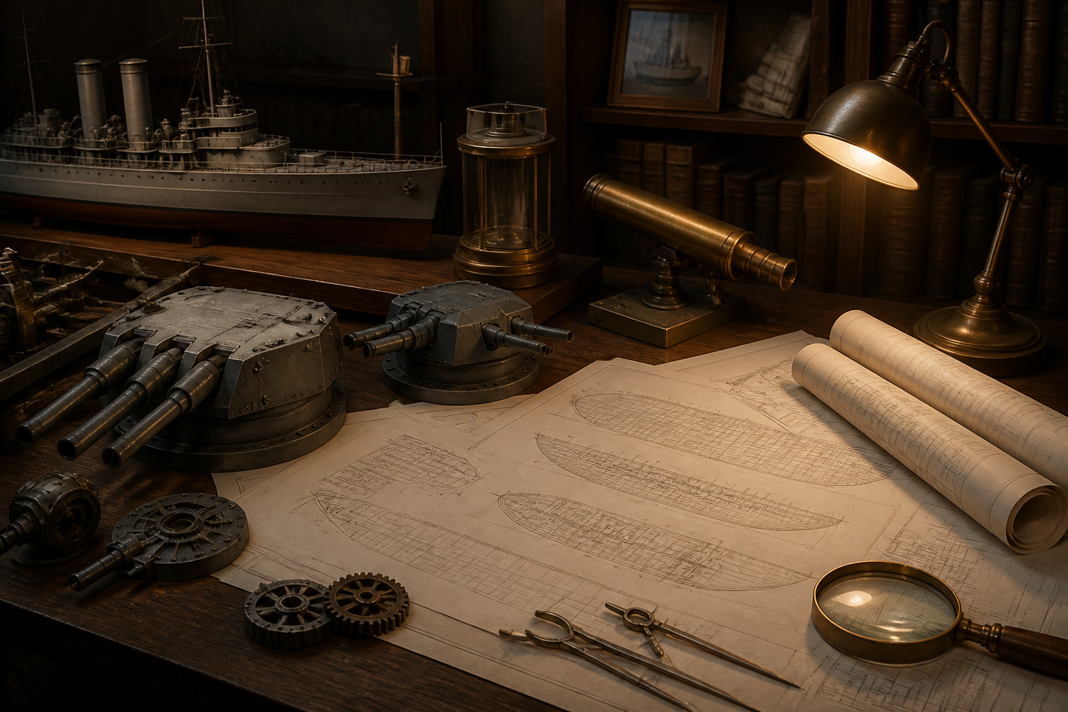 艦船の精密なメカニックパーツや図面が置かれた書斎の静物