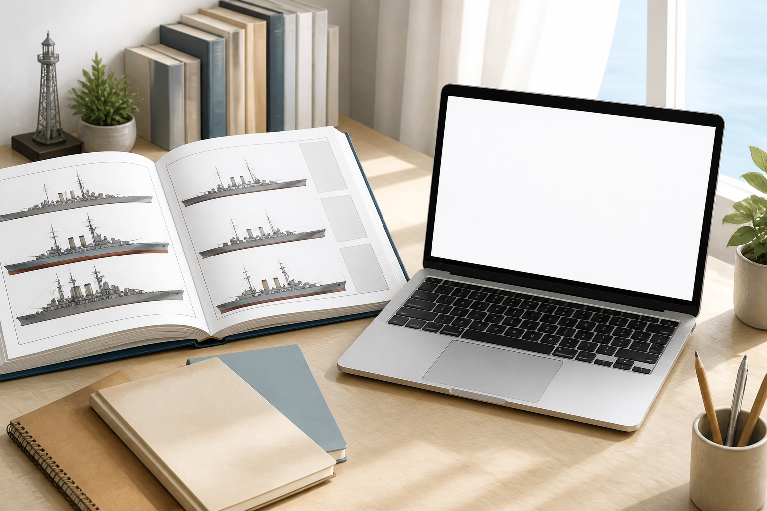 整理された艦船図鑑とPC画面が並ぶ明るいデスクの静物