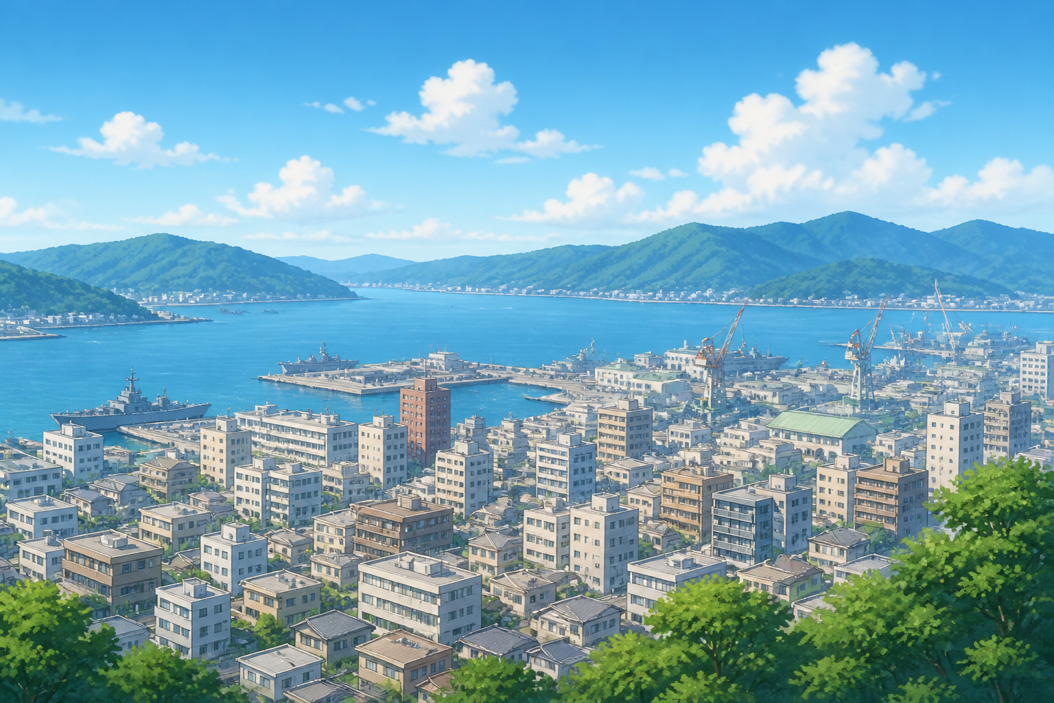 呉市内の整然とした街並みと港湾施設の遠景